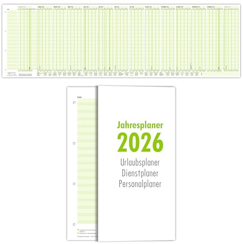 Primus Print – 1x Jahresplaner Urlaubsplaner Personalplaner Dienstplaner 2026 – faltbar, gefalzt, gelocht im Format 980x297 mm – Wandkalender 14 Monate inkl. Ferien und Feiertage - 34 Mitarbeiter (1)