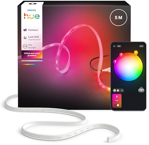 Philips Hue Flux Outdoor 5 meter Multicolor LED lightstrips, 3 000 lm, livfulla färger och led-belysning, flexibel utomhusbelysning, Chromasync™, vädertålig led-ljusslinga, app- och röststyrning
