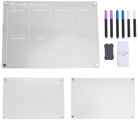 Garosa Juego de Tableros de Planificación Acrílicos, Calendario Semanal Mensual para Nevera en Blanco con 6 Marcadores de Borrado en Seco, para Organización de Cocina, Hogar, Oficina,