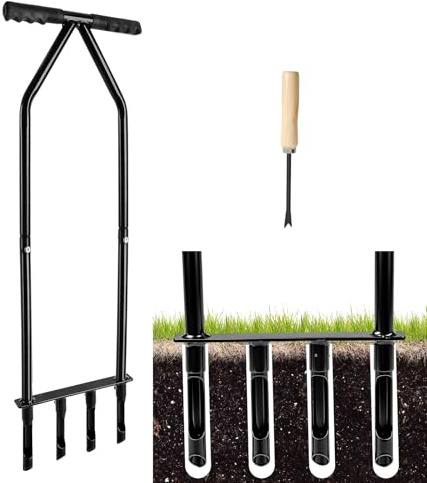YWNYT Aireador de núcleo de césped, herramienta aireadora de césped de dientes huecos mejorada, tapón manual de suelo de jardín, agarre suave de 4 puntas, estaca de aireación de núcleo resistente para