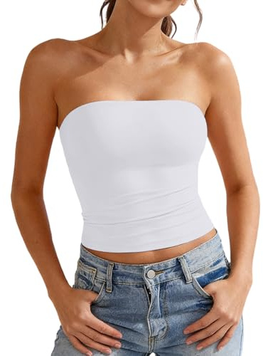 Tubo Top Mujer Camiseta Sin Tirantes Verano Bandeau Slim Fit Sin Mangas Crop Tops con Banda Elástica Doble Capa Blusa Tubo Básico Y2K Shirt Sexy Sin Acolchado Bustier Tank Shirt Aesthetic Clothes