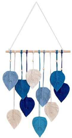Tapiz de macramé con hojas de estilo bohemio para colgar en la pared, color azul y beige, 40 x 60 cm, estilo bohemio para dormitorio