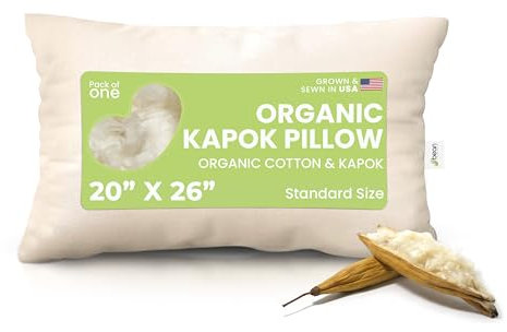 Bean Products Kapok 20 x 26 Standard Pillow - Breathable, Eco-Friendly and Durable Organic Cotton Fabric Bed Pillow - Soft and Supportive Pillow for Sleeping, Made in The USA