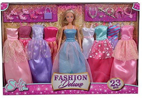 Simba 105733092 - Steffi Love Fashion Deluxe, Spielpuppe im Abendkleid, mit acht zusätzlichen Kleidern und passendem Zubehör, 23 Teile, 29cm, ab 3 Jahre