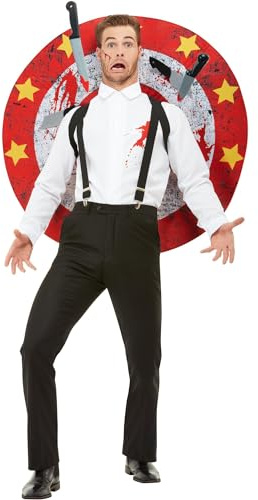 SMIFFYS Costume Deluxe da Lanciatore di Coltelli, rosso e bianco con camicia, bretelle, bersaglio e coltelli, costume da circo, costumi da giullare