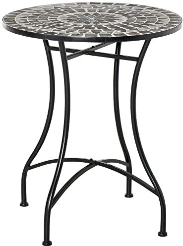 Outsunny Pequeña Mesa Auxiliar de Jardín de Metal y Cerámica, Mesa de Mosaico de Exterior para Terraza o Balcón, Ф60x71cm, Gris Negro