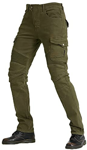Jean de moto pour homme fabriqué en tissu Kevlar, pantalon de protection en jean respirant, doublé, renforcé, rembourré amovible (vert kaki, L)