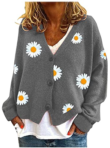 HULKAY Women's Floral Print Long Sleeve V-Neck Sweaters Button Down Ribbed Cuffs Knit Cropped Cardigan Sweater Grey