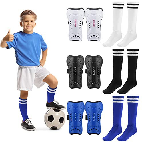 3 Pairs Youth Soccer Shin Guards - Impact Resistant Kids Soccer Shin Guards + 3 Pairs Long Soccer Socks - Flexible Football Shin Pads Shin Protectors for 6-15 Years Old Boys Girls Children Teenagers