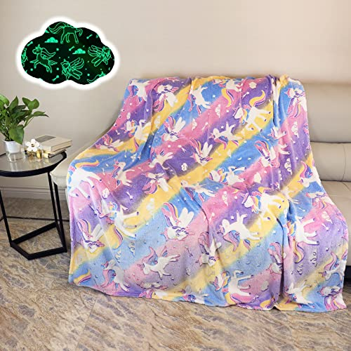 Glow in The Dark Throw Blanket, Unicorn Flannel Fleece Throw Blanket,All Season Blanket Couch Sofa Nap Blanket for Kids Girls Boys Adults Gifts (Unicorn A, 150 x 200 cm)