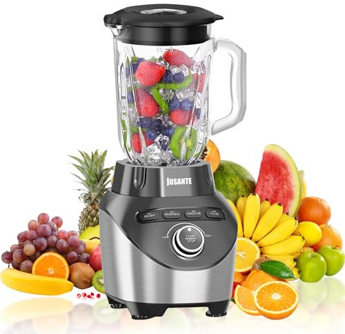 JUSANTE Professional Blender with 1200 Watts and 64 oz Glass Jar Kitchen Countertop Blender for Shakes and Smoothies with High Speed Total Crushing Smoothie Blender Black for Smoothies Frozen Drinks