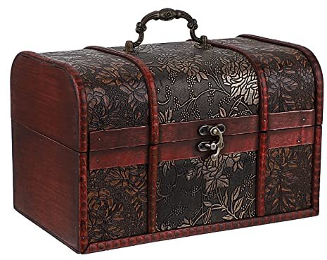 IGNPION Wooden Pirate Treasure Chest with Flower Motifs, Vintage Style Gift Box for Jewelry, Trinket Storage, Coin Collection, Letter