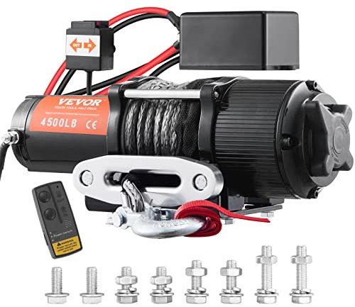 VEVOR Elektrische Seilwinde 12V 4500lbs/2041kg Offroad Motorwinde Seilzug Elektrowinde Nylonseil mit kabelloser Fernbedienung Schwarz Ideal für mittelgroße große SUVs LKWs und sogar Yachten