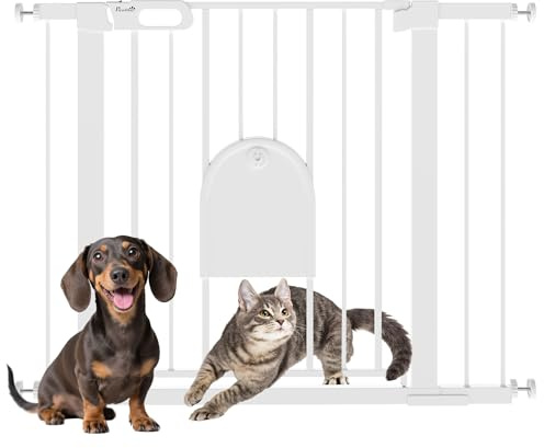 PawHut Dog Gate with Cat Flap Pet Safety Gate Barrier, Stair Pressure Fit, Auto Close, Double Locking, for Doorways, Hallways, 75-103 cm White