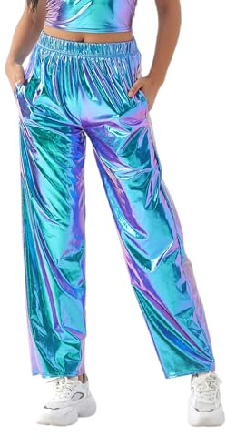 NewL Pantalones de hip hop brillantes para mujer, aspecto metálico, pierna ancha, retro, discoteca, hippie, club, pierna recta, ropa de calle