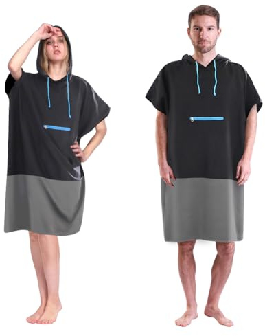 Megawodar Microfiber Poncho Towel for Adult Surf Beach Wetsuit Changing Towel Bath Robe Hooded Poncho -One Size Fit All (Grey & Black)