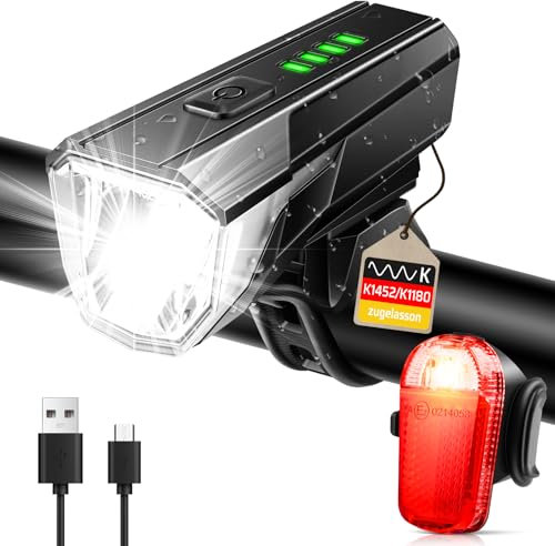 AHJ Fahrradlicht Set USB Aufladbar, StVZO Zugelassen Fahrrad Licht 100 LUX, Fahrradlampe USB Aufladbar, Fahrrad Lichter LED Set, Wasserdichter Fahrradbeleuchtung, Fahrradlicht Vorne & Rücklicht Set