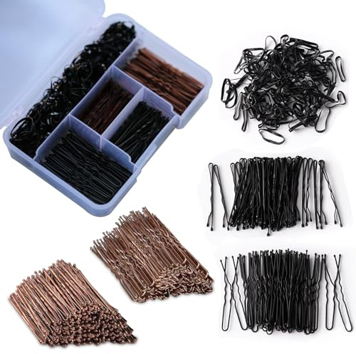 Juego de 300 horquillas marrones, horquillas en forma de U con caja de almacenamiento, horquillas, 100 horquillas en forma de U, 100 horquillas y 100 gomas para el pelo, horquillas de 2 pulgadas para