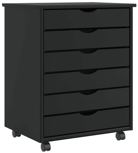 vidaXL Rolling Cabinet with Drawers Black Solid Wood Pine Mobile File for Office Storage 20.9 X 15.4 X 25.8 in Loads of Space 6 Minimalist Design Chest of Wooden Trolley Under Desk Filing