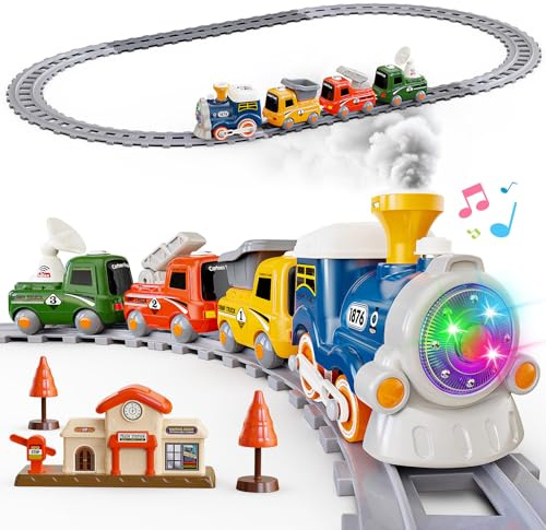 Hot Bee Electric Train Track Set for Kids – Toddler Train Set with Magnetic Trains & Tracks, Battery Powered Locomotive with Steam, Sound & Light, Train Set for 3 Year Old Boys & Girls