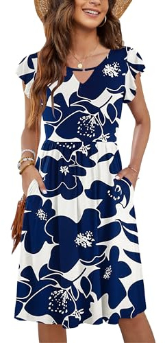PLOKNRD Femme Robes D'été Col en V Décontractée à Manches Volantées Robe pour Femme Chic et élégante avec Poches