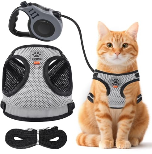 Mexgcom Pettorina Gatto, Guinzaglio per Gatti Allungabile, Riflettente Regolabile, Viene fornito con cinque metri di guinzaglio-trattore per gatti (S)