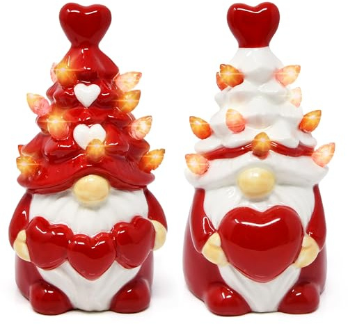 Gift Boutique Valentines Day Decorations Lighted Ceramic Gnome Figurines with Heart Tree LED Tabletop Shelf Mantel Home Decor