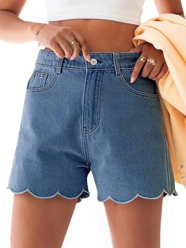 Aoysky Womens High Waisted Denim Shorts Summer Straight Leg Wave Hem Short Jeans Casual Trendy Jort
