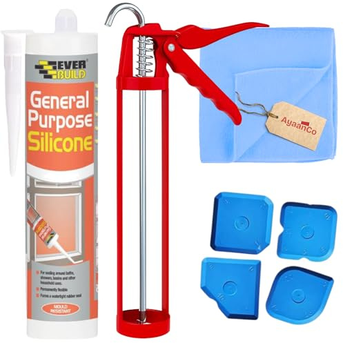Everbuild General Purpose Silicone Sealant Bundle – White 280ml | Includes Sealant Gun + 4x Silicone Caulking Tools | Waterproof, Mould Resistant, Indoor & Outdoor Use