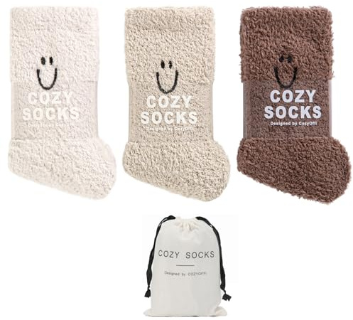 COZYOFFI Cozy Socks for Women Gifts: Fuzzy Ultra-Soft Warm Fluffy Cute Luxury Cloud Socks for Home Sleep 3 Pack Beige Khaki Brown