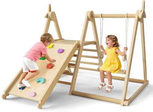 9-in-1 Indoor large Climbing Frame for Toddlers, Jungle Gym for Kids,Toddlers Climber Toys with Slide, Rock Climb Wall, Monkey Bars, Wood & Rope Ladder, Climbing Rope & Wall (Climbing suit-with swing)