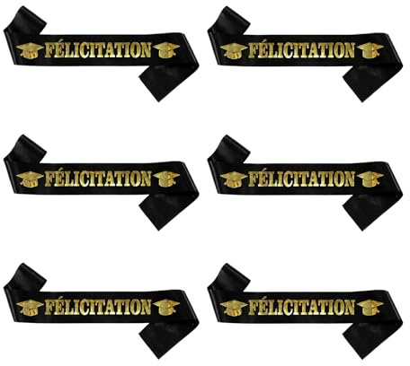 Goiern 6 pièces écharpe de cérémonie de Remise des diplômes – 160cm écharpe Noire avec Inscriptions dorées, Accessoire pour fête de Remise des diplômes, décoration de soirée