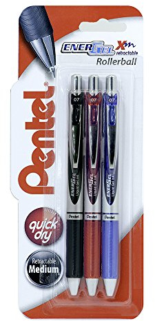 Pentel EnerGel 0.7 mm Xm Retractable Pen - Black/Red/Blue (Pack of 3), XBL77/3-ABC
