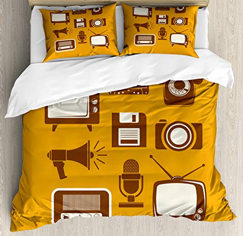 Ambesonne TV Show Duvet Cover Set, Retro Electronic Media Megaphone Radio Telephone Cassette, Decorative 3 Piece Bedding Set with 2 Pillow Shams, Queen Size, Apricot Chocolate