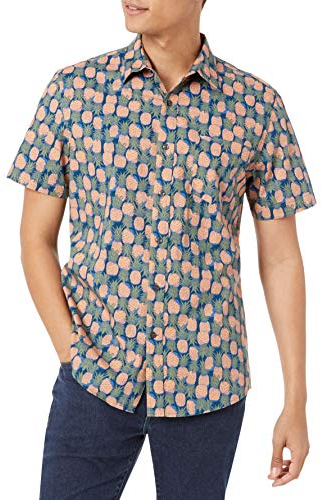 Amazon Essentials Chemise imprimée boutonnée à manches courtes pour hommes, coupe ajustée, bleu foncé, motif ananas pêche pâle, taille M