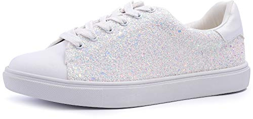 FEVERSOLE Sneakers för kvinnor, moderna, med snörning, fina glittrande och glänsande festskor, 6