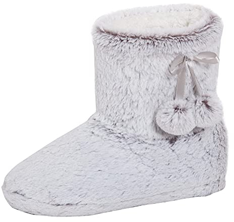 Lora Dora Womens Faux Fur Slipper Boots Ladies Memory Foam Plush Grey Bootie Slippers Grey S/UK 3-4