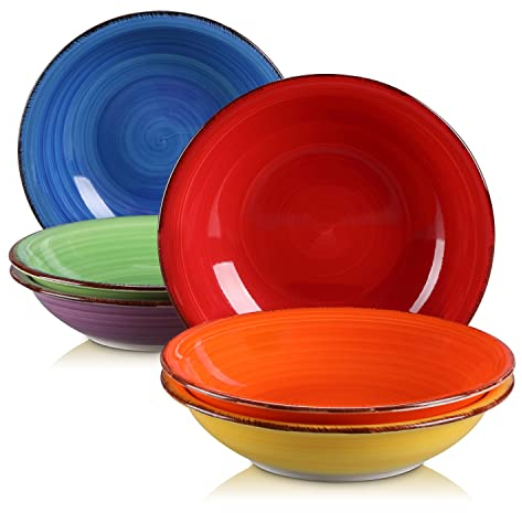 vancasso Plato de Sopa serie Bonita Platos Hondos de 12 piezas 750ml Vajilla Vintage de Cerámica Borde de Marrón Bobinas pintadas a mano Esmalte de Color de doble cara- 6 Colores