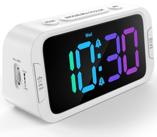 Odokee Dual Colorful Alarm Clock for Kids Bedroom - 0-100% Dimmer, 5 Alarm Sounds, USB Charger, Easy to Set, Weekday/Weekend Mode, Snooze, 12/24Hr, Battery Backup, Digital Clock for Teens Boys Bedside