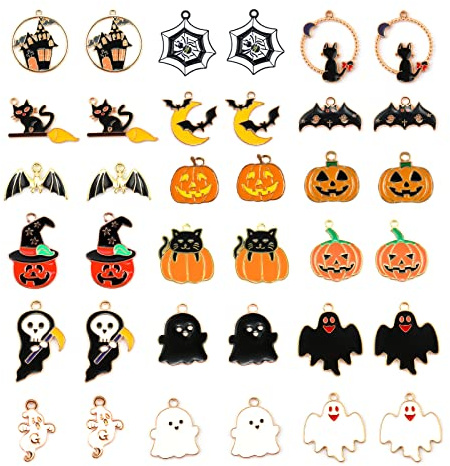 AIEX 36pcs Halloween Charm Pendants - Enamel Charms for Jewelry Making - Pumpkin, Ghost, Bat DIY Craft