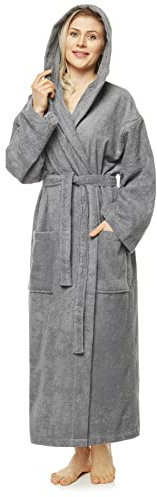 Arus Women`s bathrobe with hood,ankle length, 100% cotton terry towelling, grey, S-M Long
