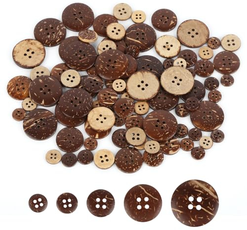 Vintage Holz Nähen Knöpfe, 100 Stück natürliche Kokosnuss Knöpfe, 4 Löcher Runde Holzknöpfe, 5 Größen 10/12,5/15/20/25mm zum Nähen und Basteln Dekorationen