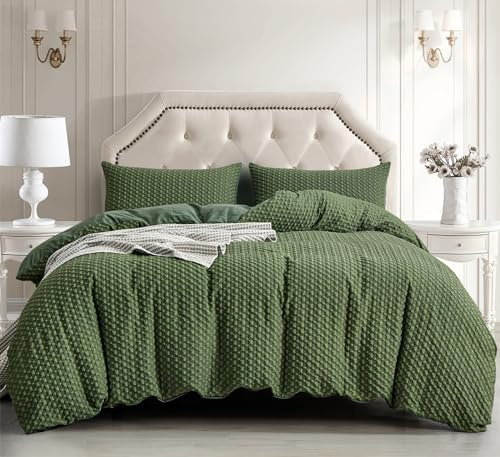 Set di biancheria da letto con copripiumino a nido d'ape in tessuto seersucker verde a scacchi, 2 federe e chiusura con cerniera, in morbida microfibra, per letto matrimoniale, 200 x 200 cm