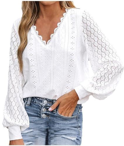 Femme Tee Shirt Dentelle Col en V Manches Longues T-Shirt Blanc Décontracté Haut D'été Tunique en Jacquard en Dentelle Blouse Couleur Unie Chemisier Femme Chic et élégant Tops Mode Ample