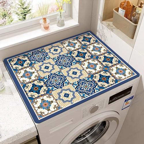 Odot 2 Pièces Tapis de Protection pour Dessus de Machine à Laver, Antidérapant Housse de Machine à Laver pour Machine à Laver ou Sèche-Linge Buanderie Réfrigérateur (30x40cm,Bleu Boho)