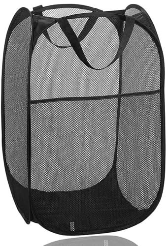 Folding Laundry Basket Mesh Collapsible Laundry Baskets, Pop up Laundry Hamper Bins, Folding Washing Basket with Handles Foldable Laundry Basket for Clothes Tidy Storage (Black)