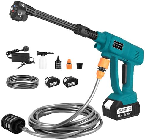 KEATFE Akku Hochdruckreiniger mit 2X 5500mAh Akkus, 6-in-1 Multi-Sprühdüse Kabelloser Tragbarer Hochdruckreiniger für Autos, Fenster, Rasen, Gärten, Pools