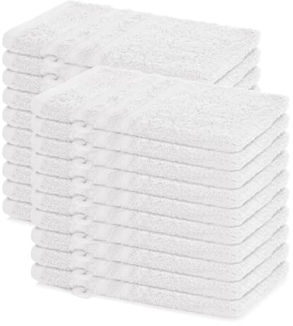 Lavea® Juego de 20 Guantes de Baño 15x21 cm de Rizo 100% Algodón - Suaves y Absorbentes – Manopla de Baño con Gancho para Casa, Hotel y SPA - Blanco