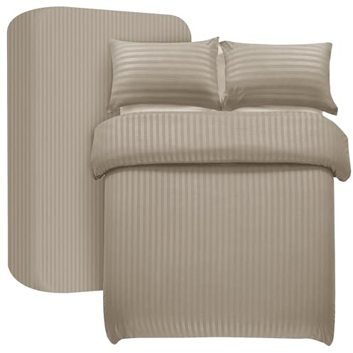 My home store Set copripiumino matrimoniale beige, 4 pezzi, copripiumino a righe satinate, in morbida microfibra spazzolata, con lenzuolo con angoli profondi 30 cm e 2 federe