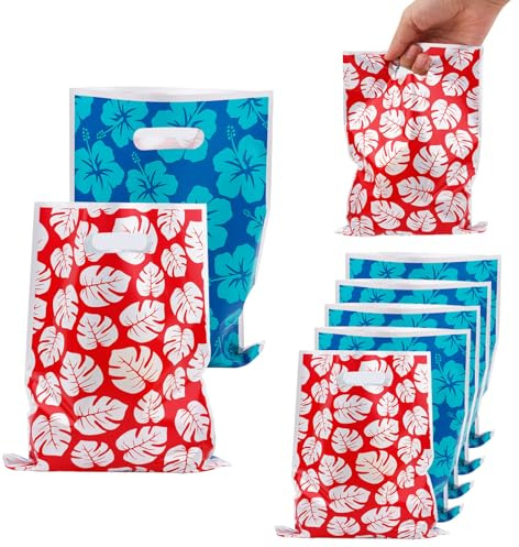SAVITA 50pz Borse Regalo Festa Hawaii, Borse Dolcetti Rossa Blu a Cartone Animato con Manici Bustine Snack Stampa Floreale e Foglie per Compleanno Forniture Caramelle